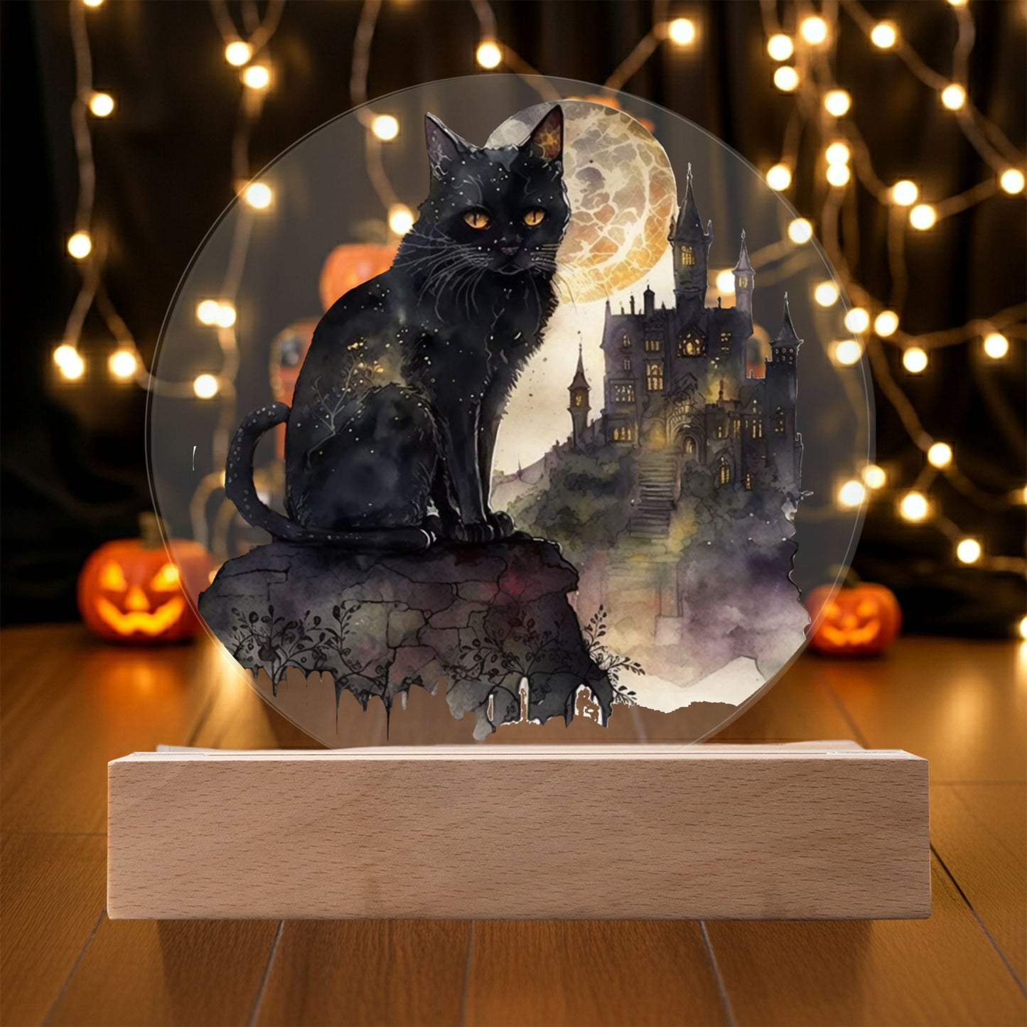 All Hallow's Black Cat Silhouette Acrylic Plaque Halloween Decor with Lighted LED Wooden Base - Mallard Moon