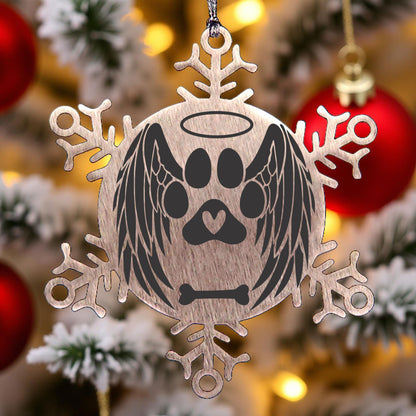 Personalized Pet Name Angel Remembrance Laser Engraved Stainless Steel Snowflake Tree Ornament - Mallard Moon