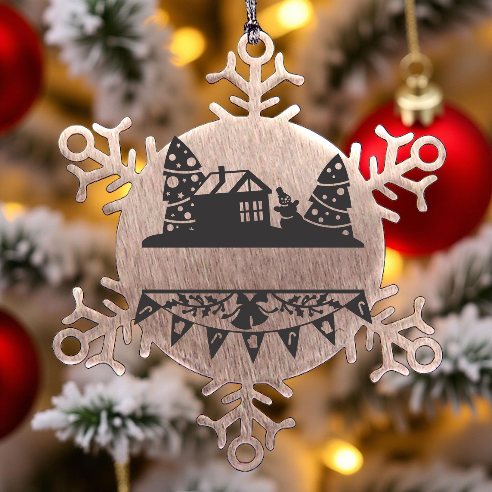 Personalized Family Name Laser Engraved Stainless Steel Snowflake Tree Ornament - Home for the Holidays - Mallard Moon