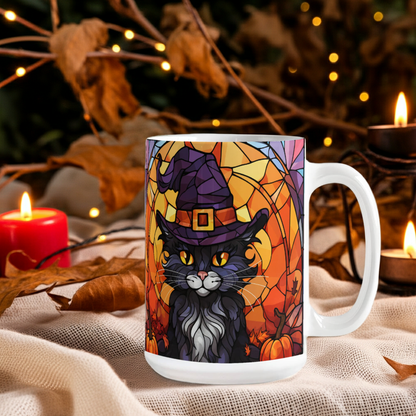 Halloween Black Cat Witch Stained Glass Mug – Spooky Fall Coffee Cup for Cat Lovers | Mallard Moon Gift Shop - Mallard Moon