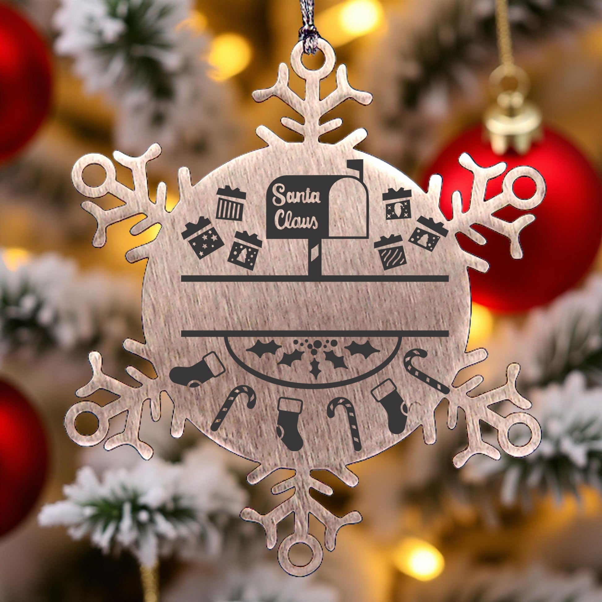 Personalized Family Name Laser Engraved Stainless Steel Snowflake Tree Ornament Santa's Mail - Mallard Moon