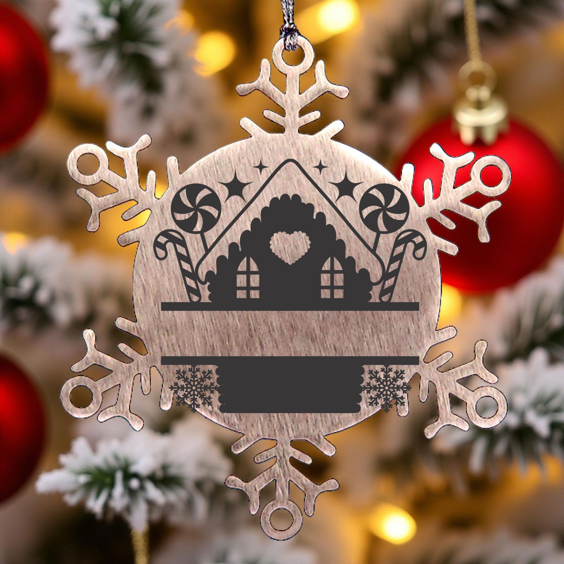 Personalized Snowflake Tree Ornament Family Name Laser Engraved Stainless Steel Gingerbread House - Mallard Moon