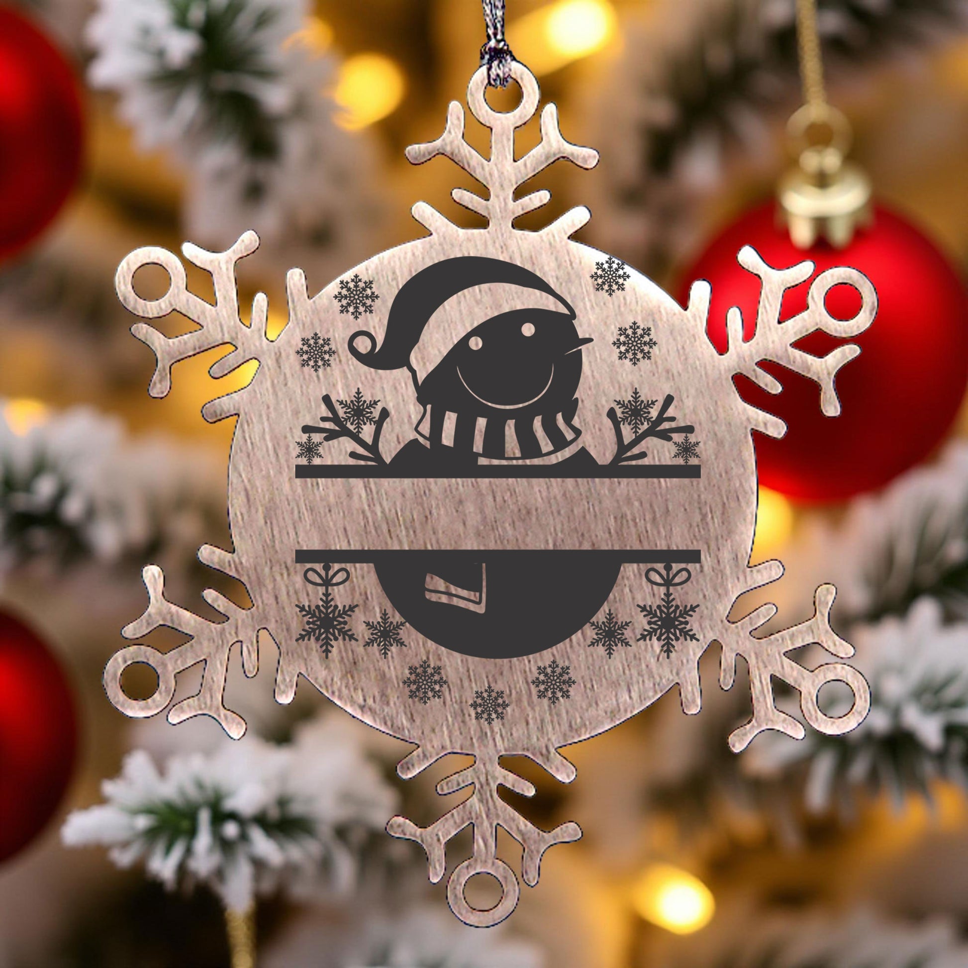 Personalized Snowman Snowflake Tree Ornament Family Name Laser Engraved Stainless Steel - Mallard Moon