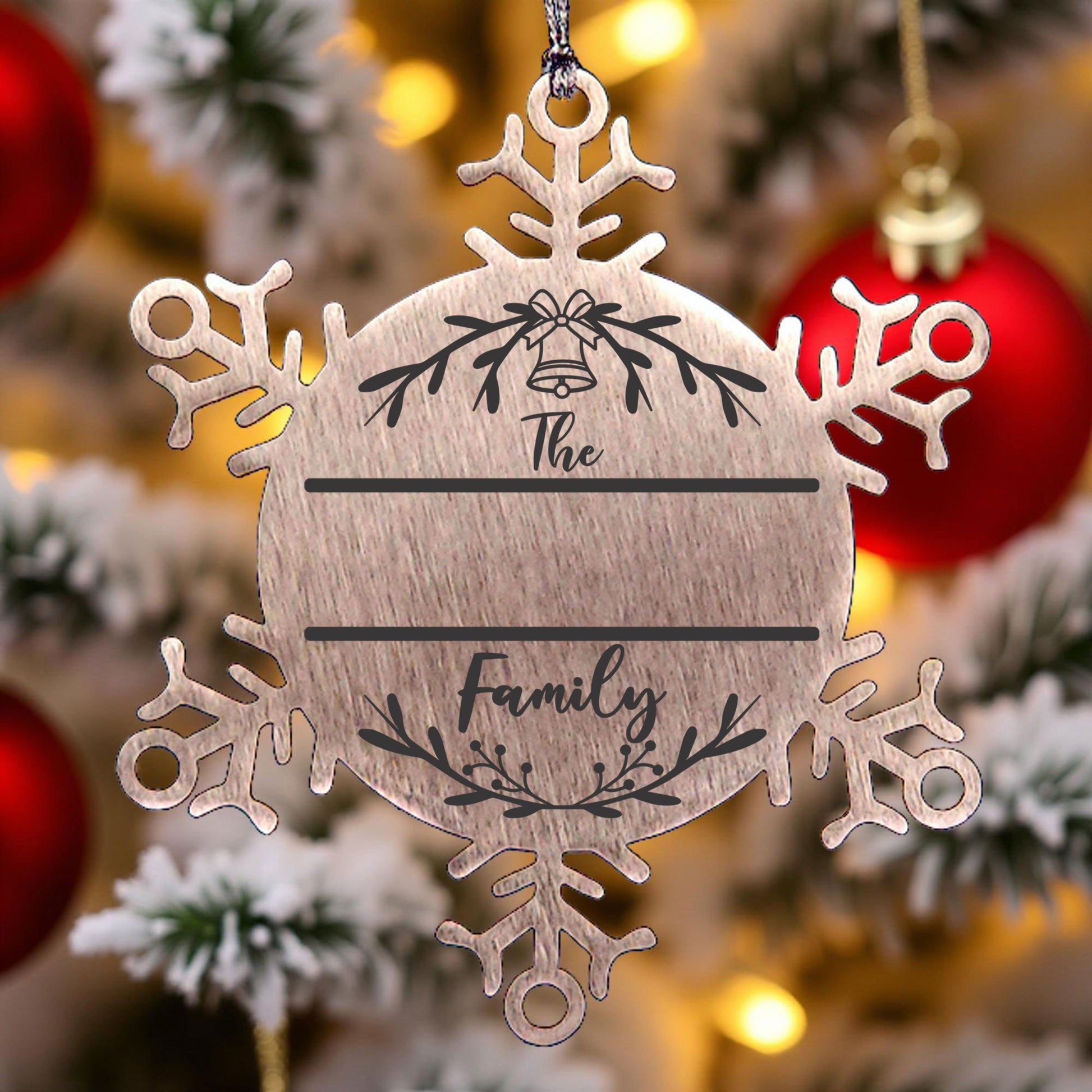Personalized Snowflake Family Name Laser Engraved Stainless Steel Tree Ornament Heirloom Keepsake - Mallard Moon