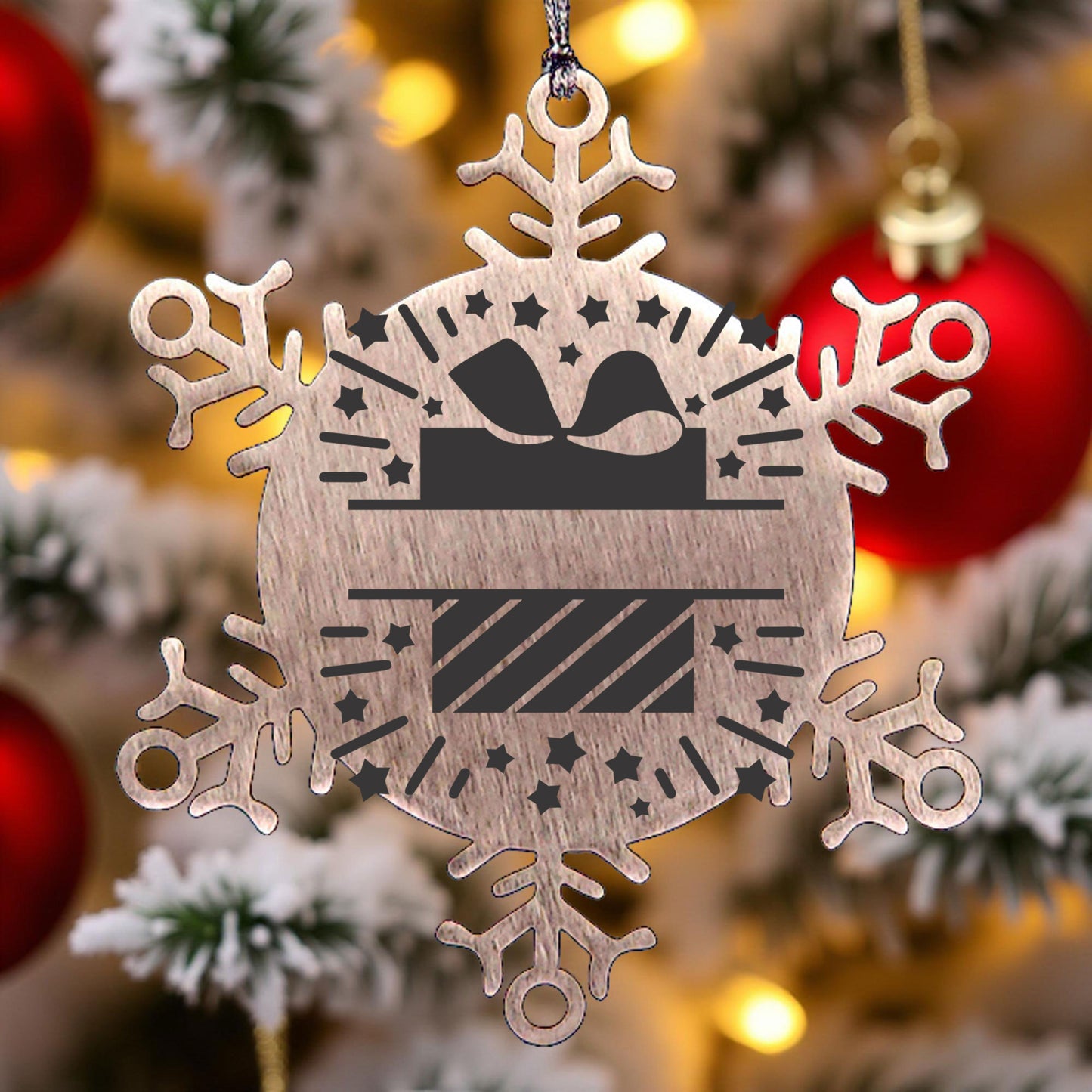 Personalized Family Name Present Laser Engraved Stainless Steel Snowflake Tree Ornament - Mallard Moon