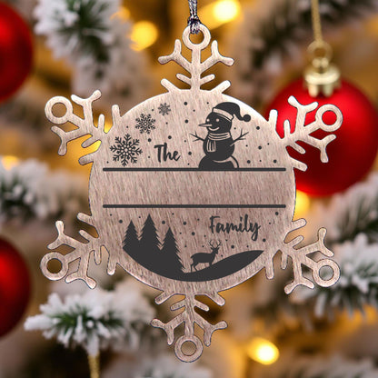 Personalized Snowman Snowflake Christmas Tree Ornament Family Name Laser Engraved Stainless Steel - Mallard Moon