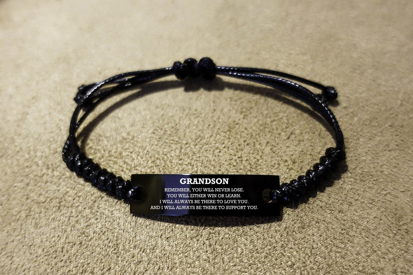 Grandson Braided Leather Rope Bracelet, Remember, You Will Never Lose, You Will Either Win or Learn, Black Leather Engraved Bracelet for your Grandson, Birthday, Christmas Gifts Ideas - Mallard Moon Gift Shop