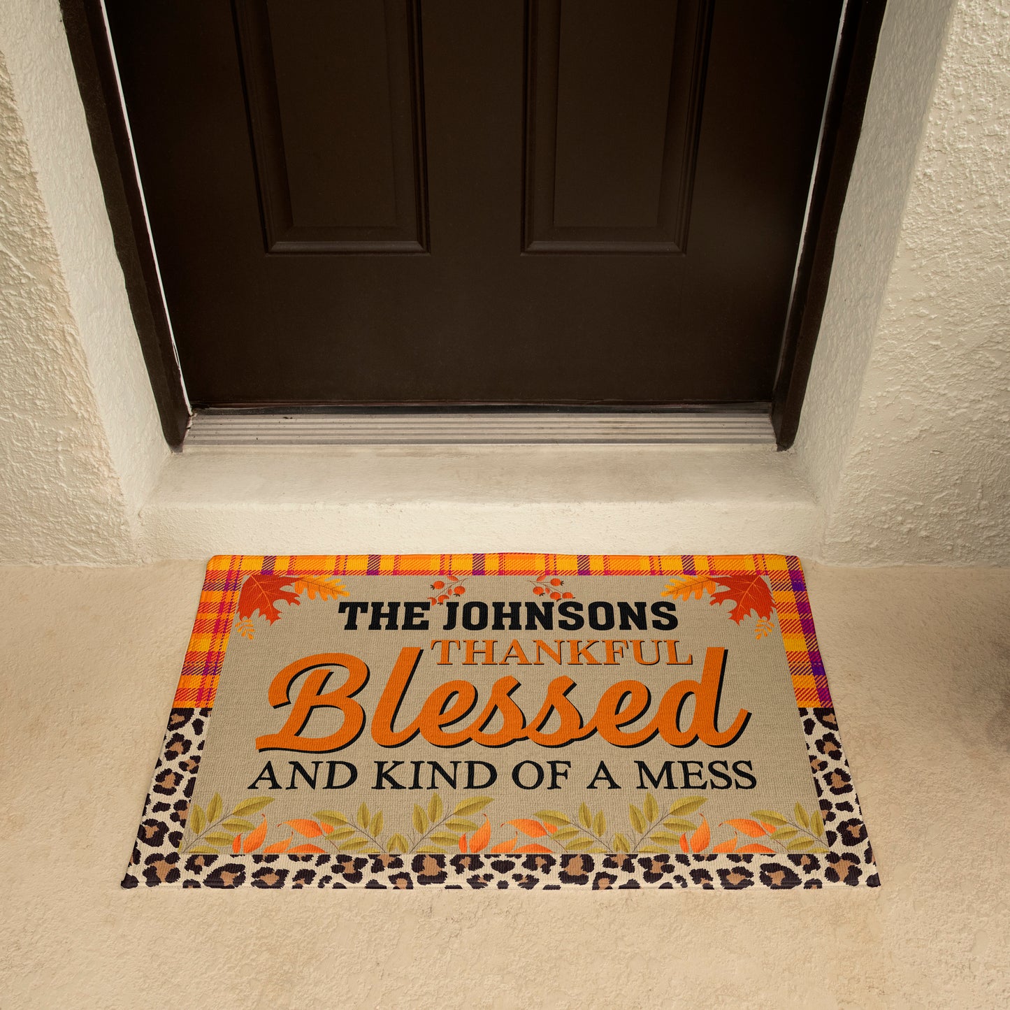 Personalized Thanksgiving Doormat – “Thankful, Blessed, and Kind of a Mess” Custom Family Name Fall Welcome Mat with Plaid and Leopard Print Design