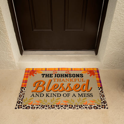 Personalized Thanksgiving Doormat – “Thankful, Blessed, and Kind of a Mess” Custom Family Name Fall Welcome Mat with Plaid and Leopard Print Design