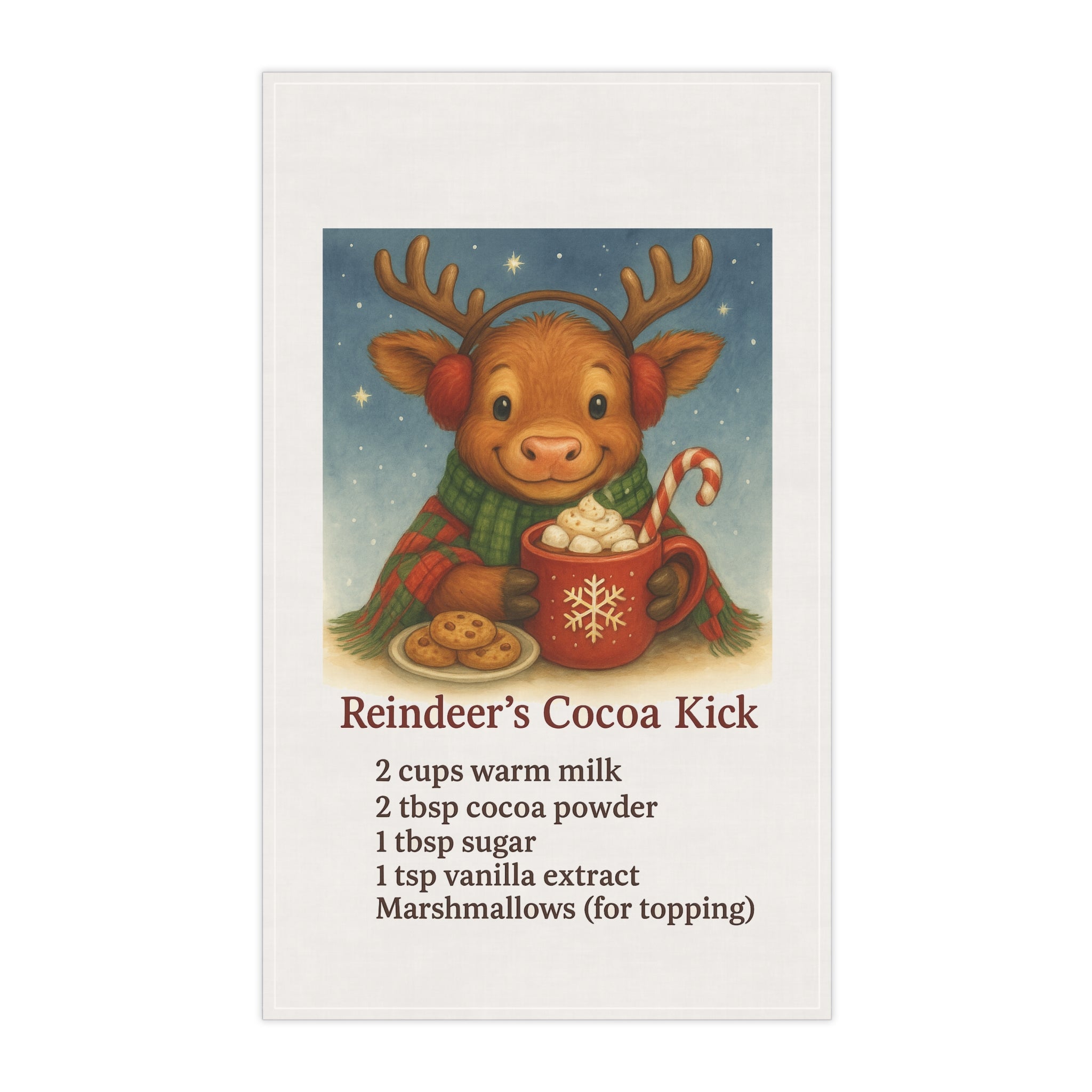 Reindeer Cocoa Kick Tea Towel — Holiday Hot Chocolate Recipe Kitchen Towel