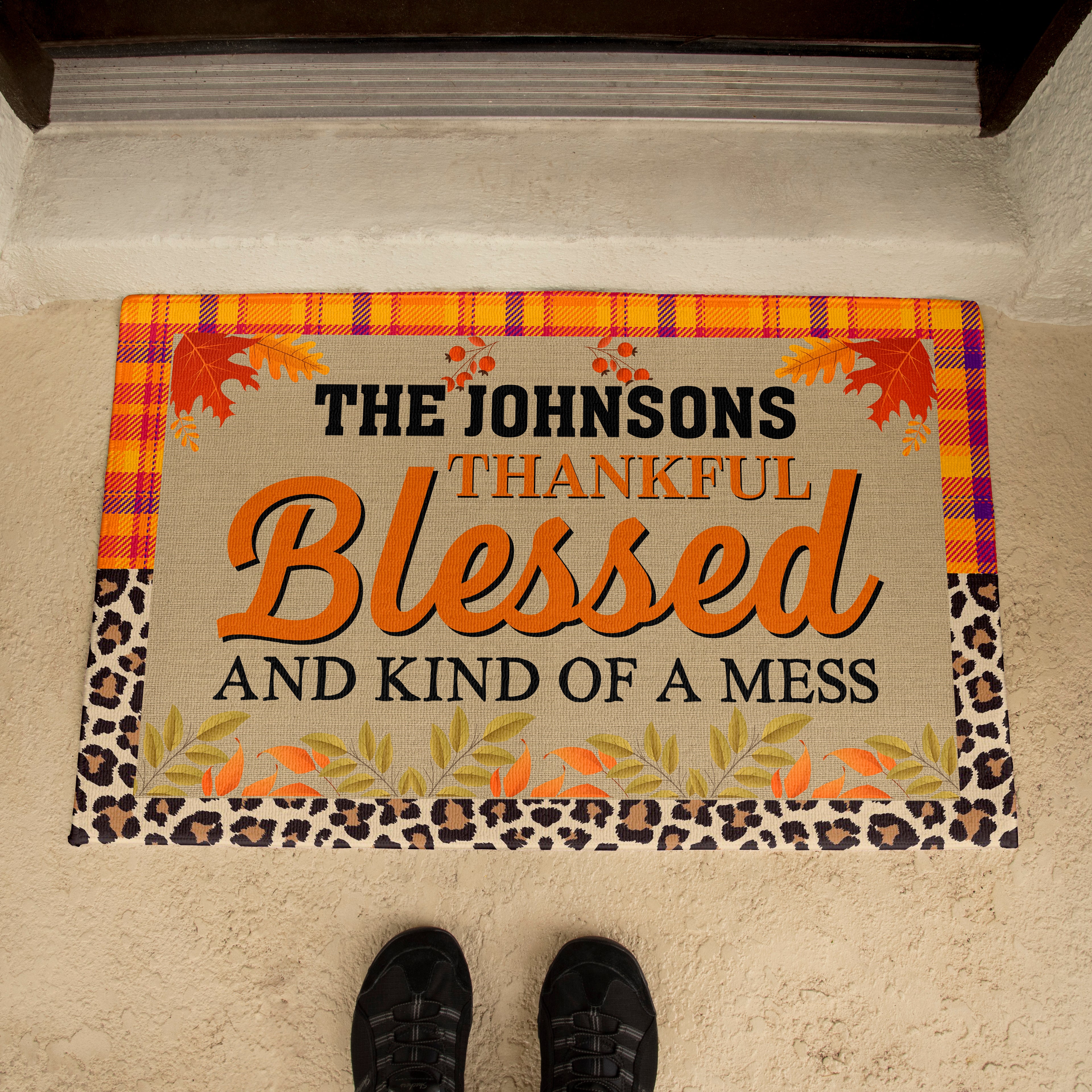 Personalized Thanksgiving Doormat – “Thankful, Blessed, and Kind of a Mess” Custom Family Name Fall Welcome Mat with Plaid and Leopard Print Design