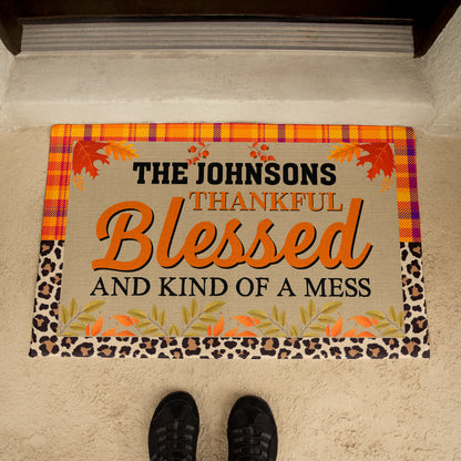Personalized Thanksgiving Doormat – “Thankful, Blessed, and Kind of a Mess” Custom Family Name Fall Welcome Mat with Plaid and Leopard Print Design