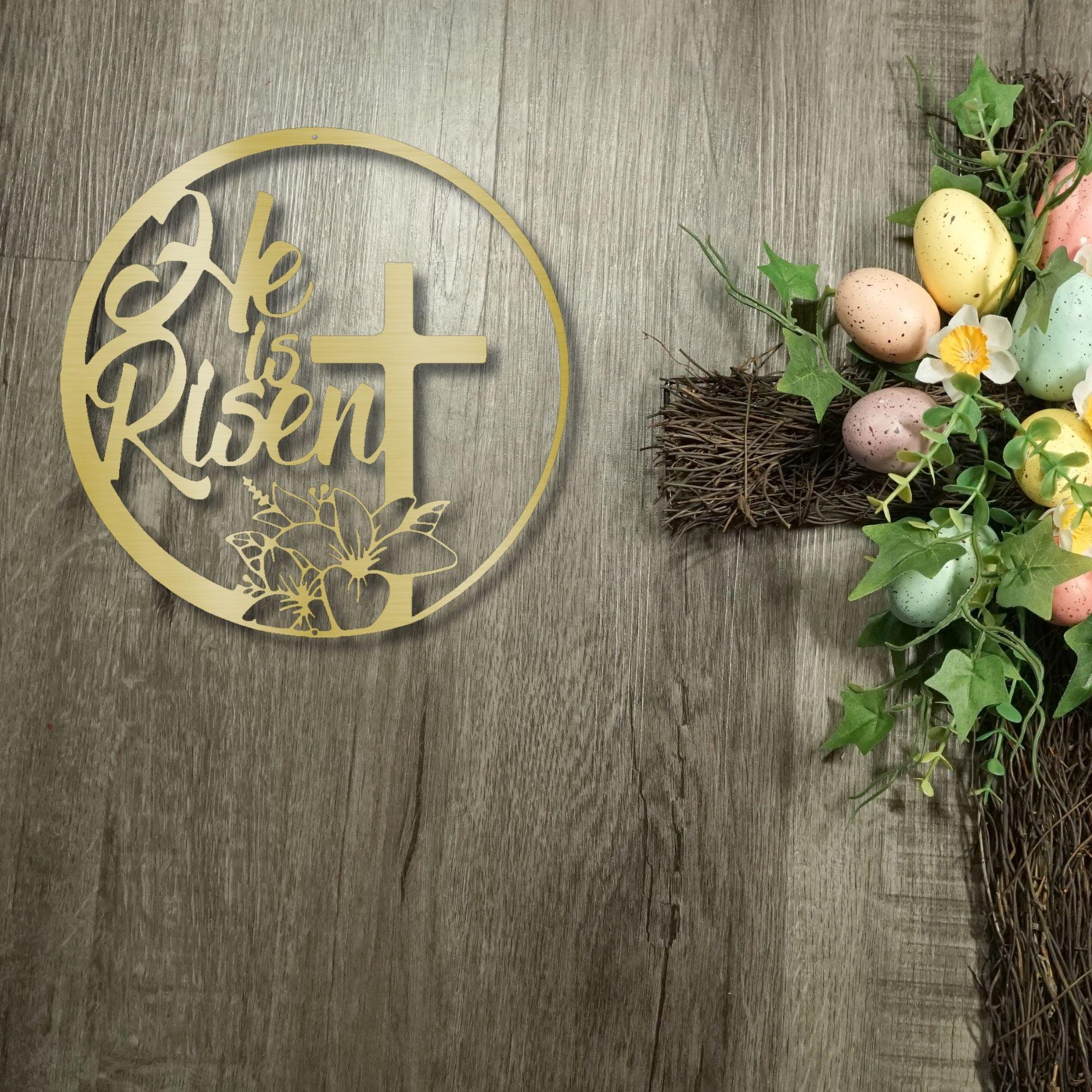 He Is Risen Easter Cross Metal Wall Sign – Christian Home Decor – 5 Sizes & 5 Colors – Religious Spring Decoration – Made in the USA – Easter Faith Gift for Home or Church - Mallard Moon Gift Shop