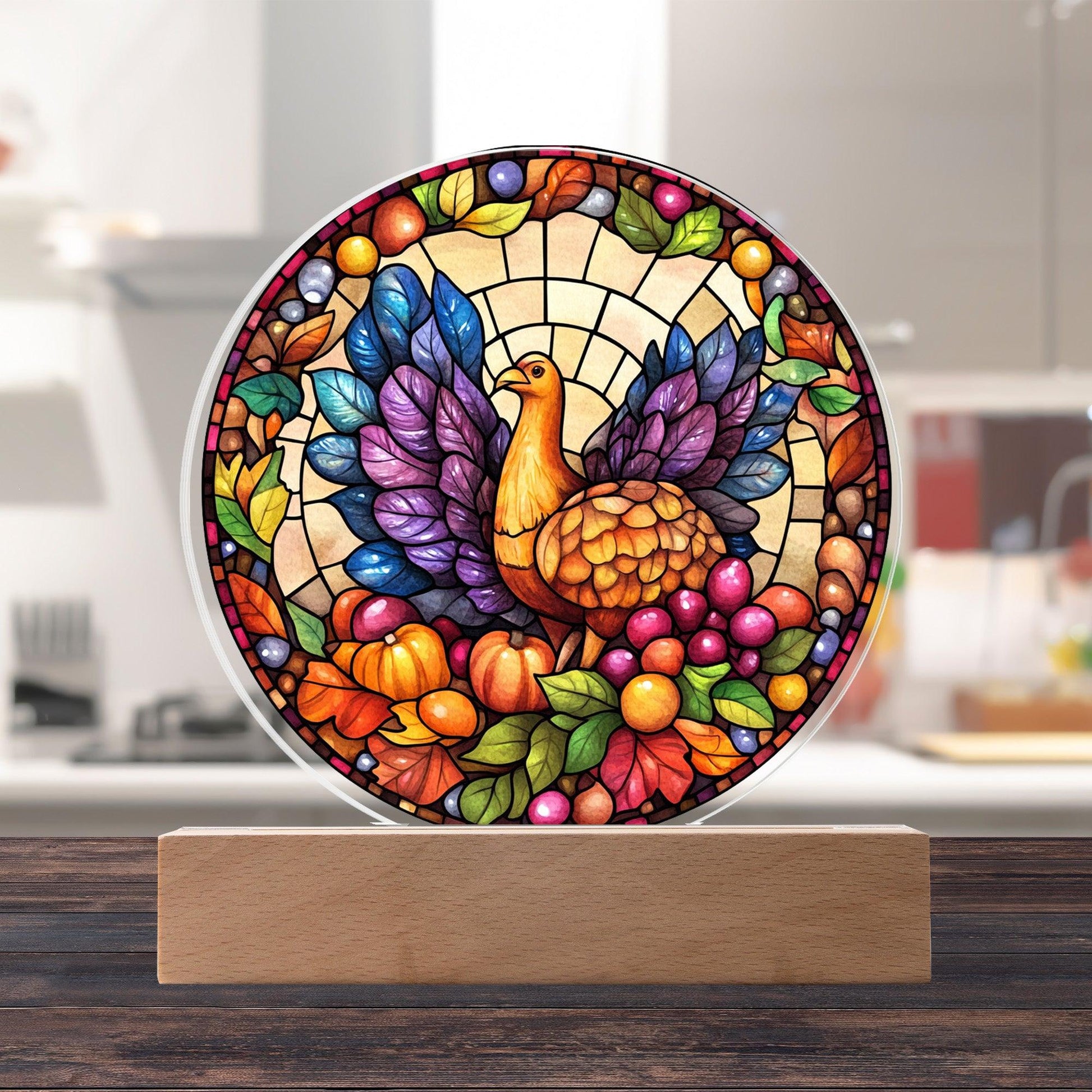 Turkey Stained-glass Round Acrylic Plaque - LED Lighted Wooden Base - Mallard Moon Gift Shop