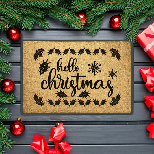 Hello Christmas Holiday Doormat | Festive Coir Welcome Mat with Holly & Snowflake Design | Rustic Farmhouse Front Porch Décor - Mallard Moon