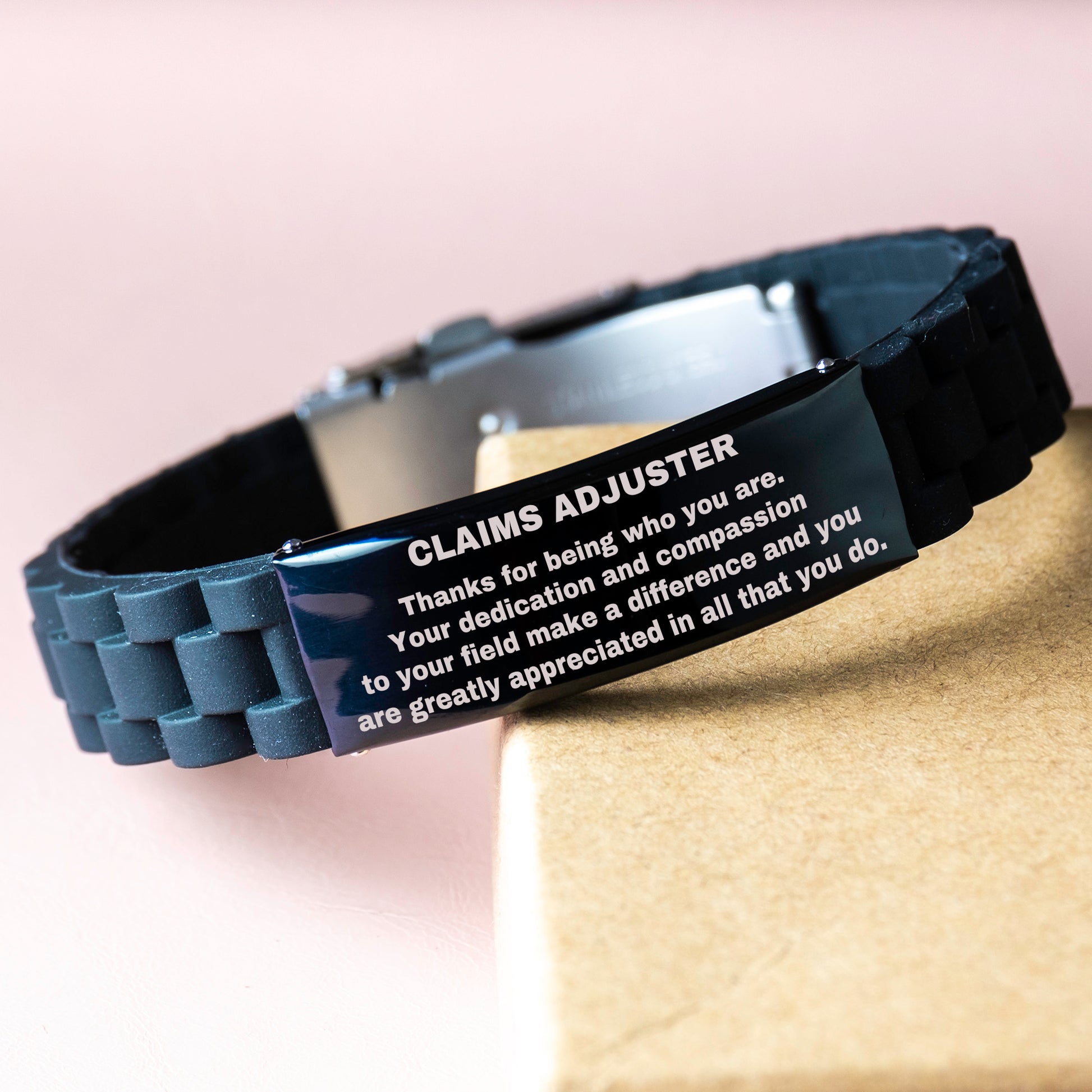 Claims Adjuster  Glidelock Bracelet – Engraved Black Stainless Steel and Silicone Wristband Gift for Claims Adjusters – Appreciation Gift for Him or Her - Mallard Moon Gift Shop