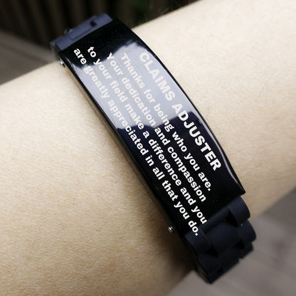 Claims Adjuster  Glidelock Bracelet – Engraved Black Stainless Steel and Silicone Wristband Gift for Claims Adjusters – Appreciation Gift for Him or Her - Mallard Moon Gift Shop