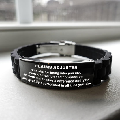 Claims Adjuster  Glidelock Bracelet – Engraved Black Stainless Steel and Silicone Wristband Gift for Claims Adjusters – Appreciation Gift for Him or Her - Mallard Moon Gift Shop