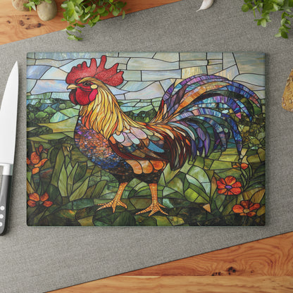 Rooster Mosaic Glass Cutting Board – Colorful Stained-Glass Kitchen Decor