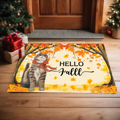 Hello Fall Cat Doormat – Fall Welcome Mat with Interchangeable Cat Designs, Autumn Leaves & Cozy Seasonal Décor for Cat Lovers and Fall Homes