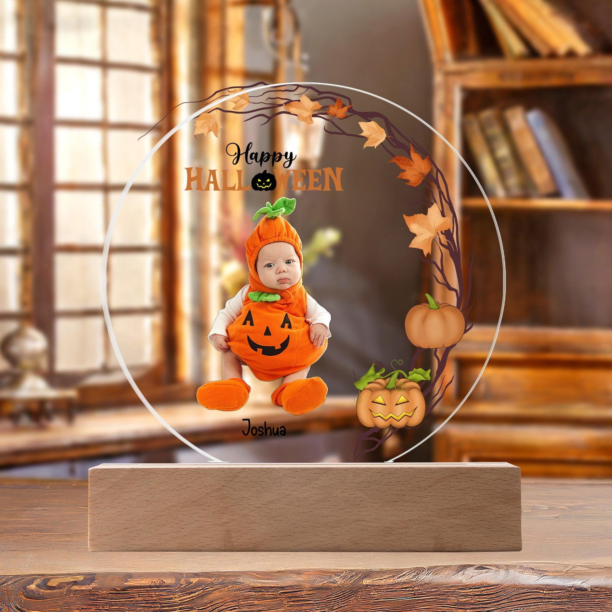 Personalized Halloween Photo Upload - Baby First Halloween Keepsake - Family Costume Round Acrylic Plaque with LED Lighted Base - Mallard Moon Gift Shop