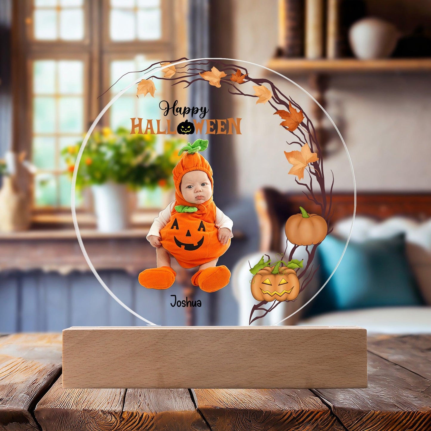 Personalized Halloween Photo Upload - Baby First Halloween Keepsake - Family Costume Round Acrylic Plaque with LED Lighted Base - Mallard Moon Gift Shop