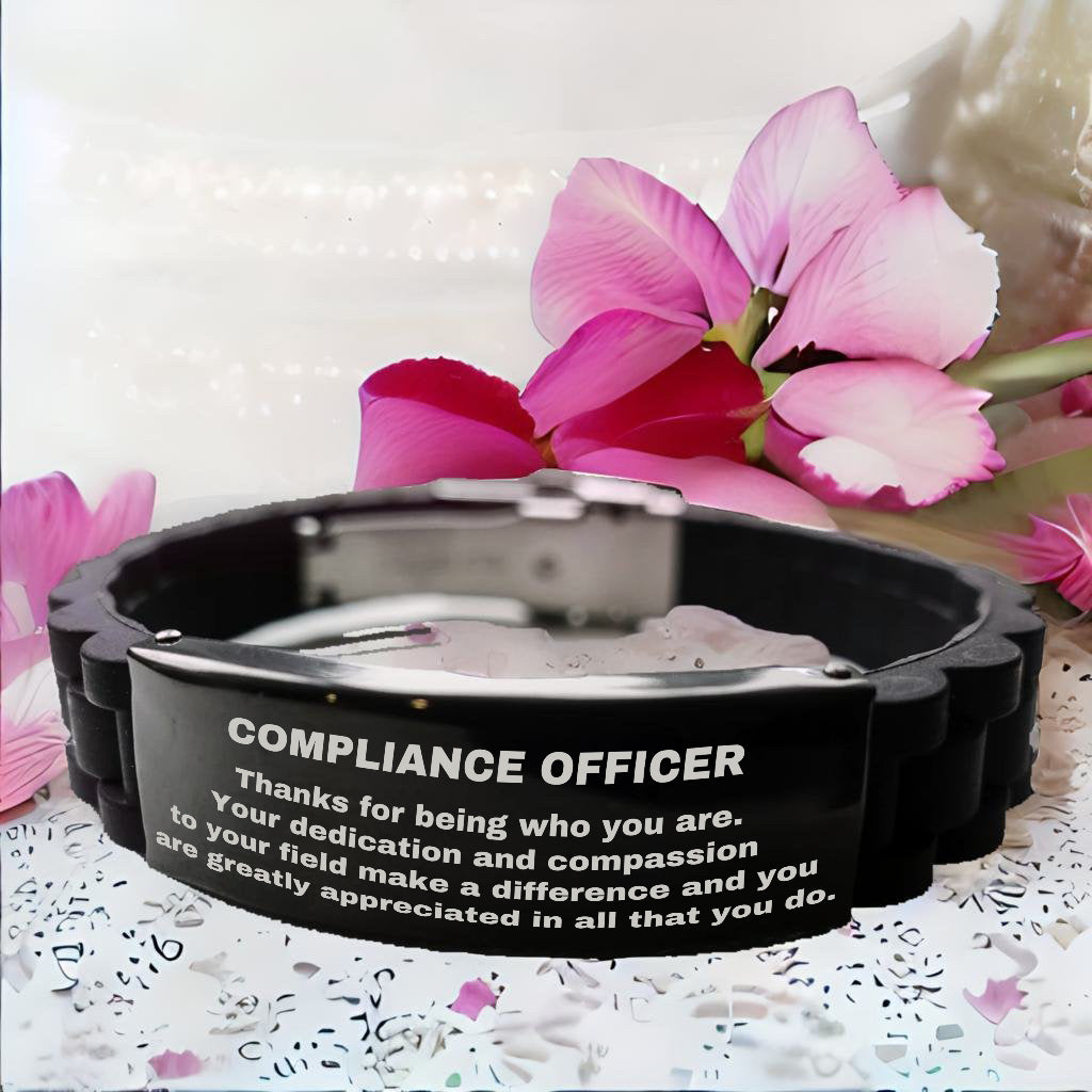 Compliance Officer Black  Glidelock Clasp Engraved Bracelet - Thanks for being who you are - Birthday Christmas Jewelry Gifts Coworkers Colleague Boss - Mallard Moon Gift Shop