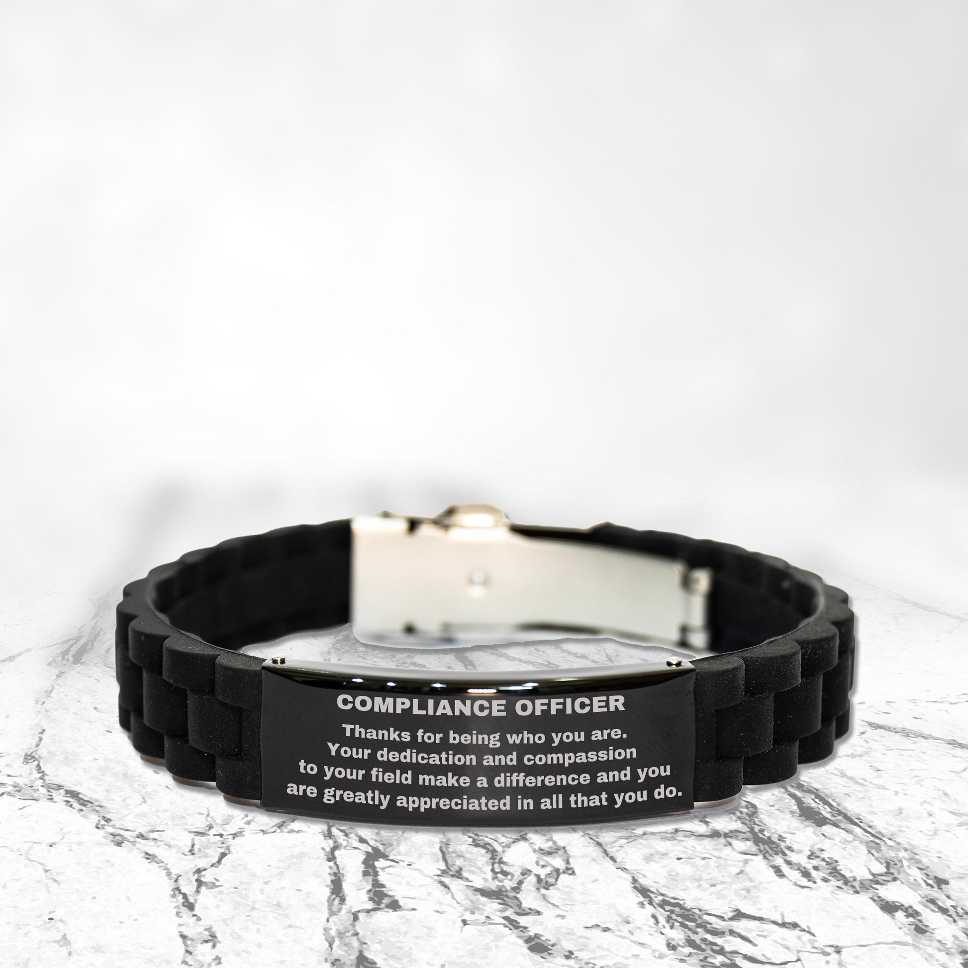 Compliance Officer Black  Glidelock Clasp Engraved Bracelet - Thanks for being who you are - Birthday Christmas Jewelry Gifts Coworkers Colleague Boss - Mallard Moon Gift Shop