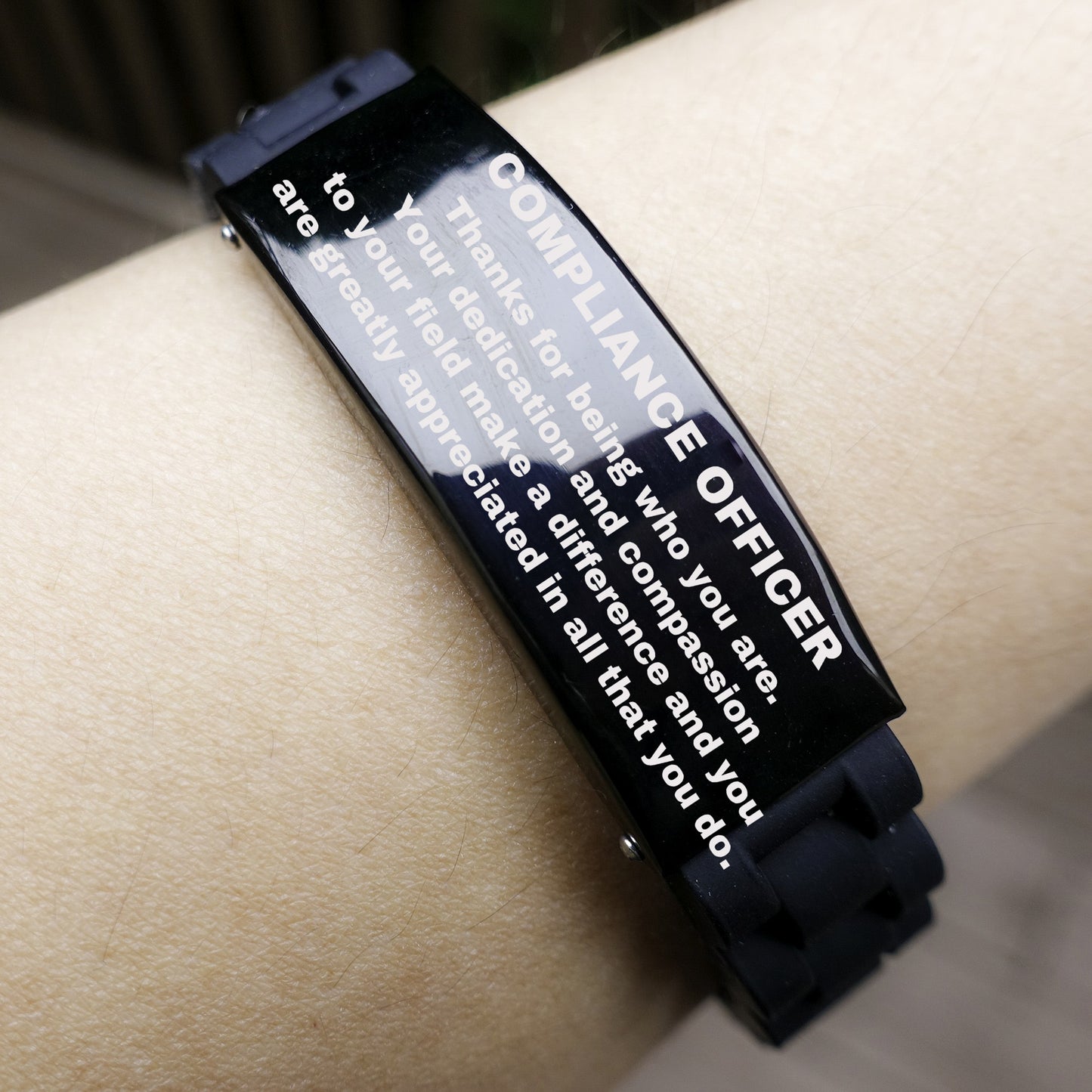 Compliance Officer Black  Glidelock Clasp Engraved Bracelet - Thanks for being who you are - Birthday Christmas Jewelry Gifts Coworkers Colleague Boss - Mallard Moon Gift Shop