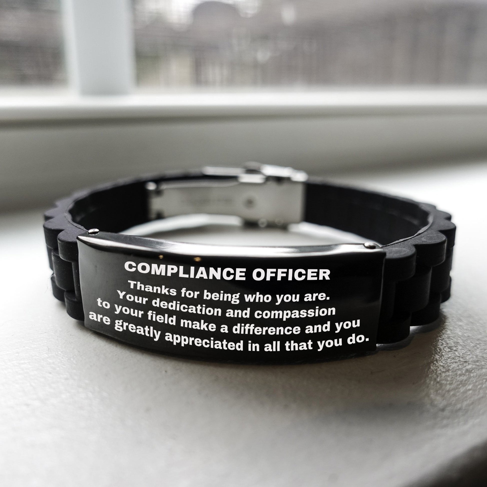Compliance Officer Black  Glidelock Clasp Engraved Bracelet - Thanks for being who you are - Birthday Christmas Jewelry Gifts Coworkers Colleague Boss - Mallard Moon Gift Shop