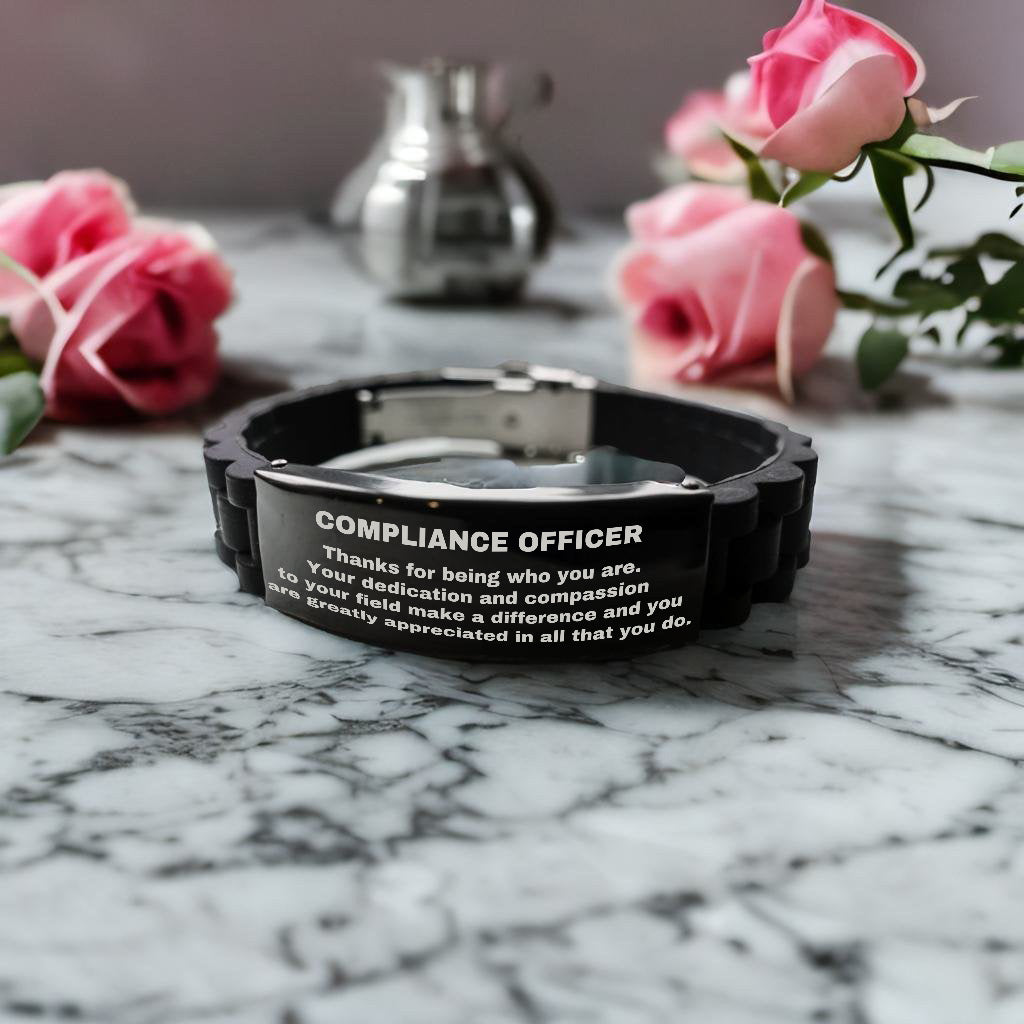 Compliance Officer Black  Glidelock Clasp Engraved Bracelet - Thanks for being who you are - Birthday Christmas Jewelry Gifts Coworkers Colleague Boss - Mallard Moon Gift Shop