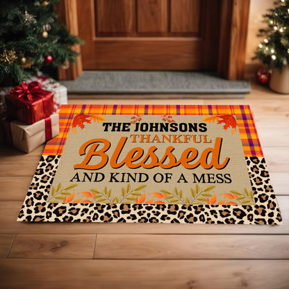 Personalized Thanksgiving Doormat – “Thankful, Blessed, and Kind of a Mess” Custom Family Name Fall Welcome Mat with Plaid and Leopard Print Design