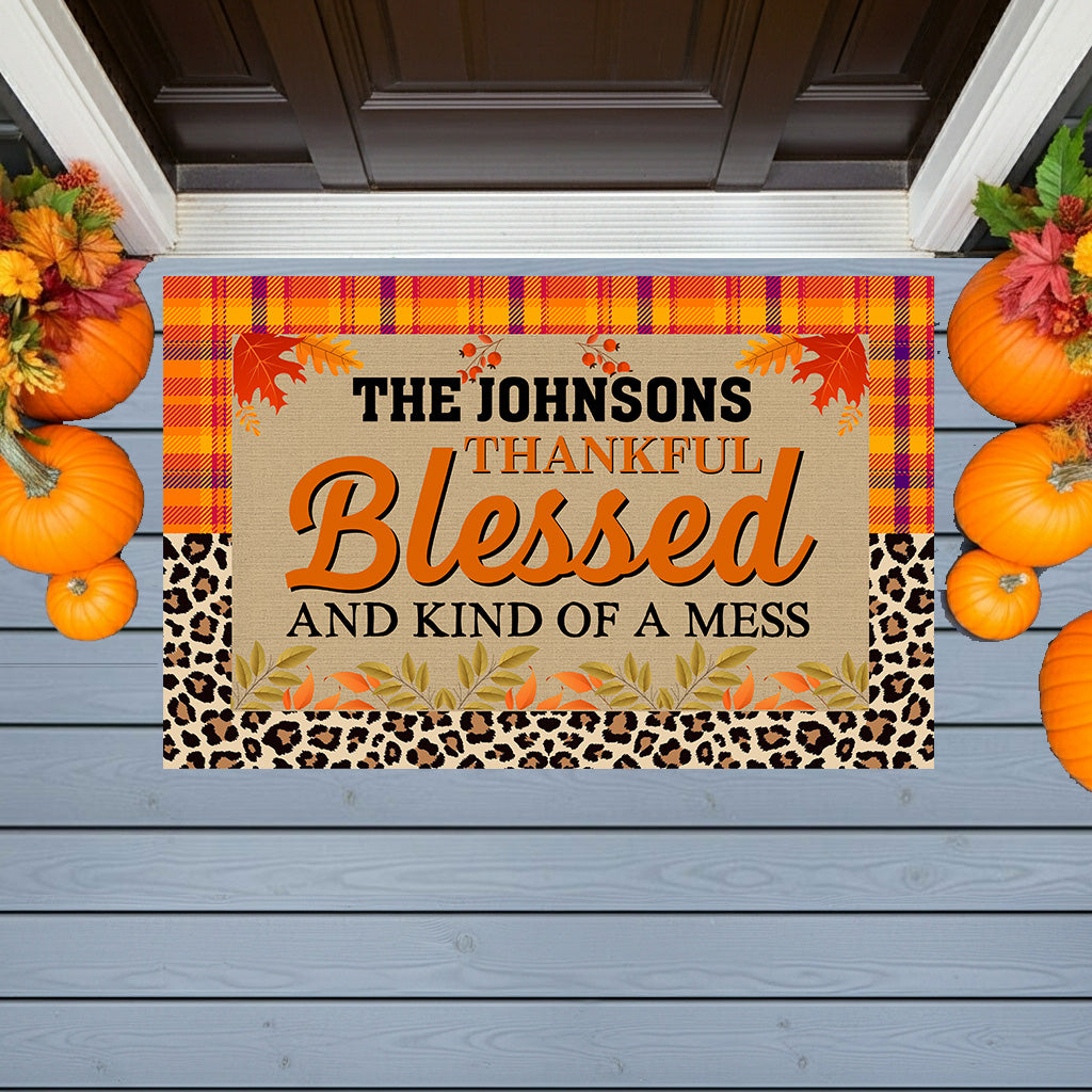 Personalized Thanksgiving Doormat – “Thankful, Blessed, and Kind of a Mess” Custom Family Name Fall Welcome Mat with Plaid and Leopard Print Design