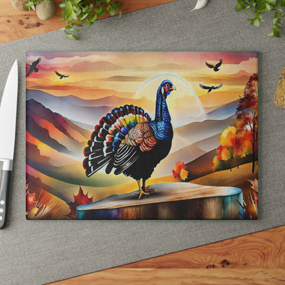Glass Cutting Board — Colorful Turkey Sunset Kitchen Cutting Board, Autumn Farmhouse Décor