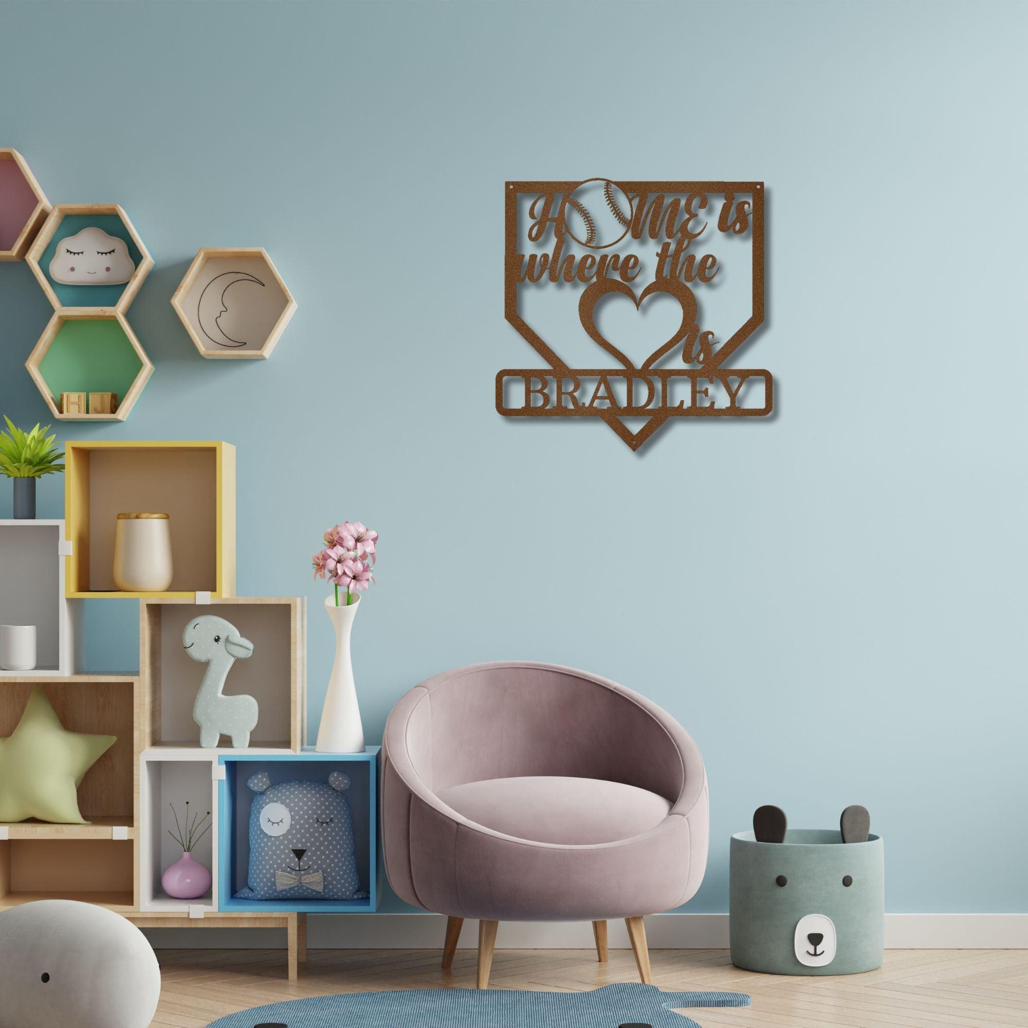 Baseball Home Is Where the Heart Is Custom Name Metal Art Wall Sign - Mallard Moon Gift Shop