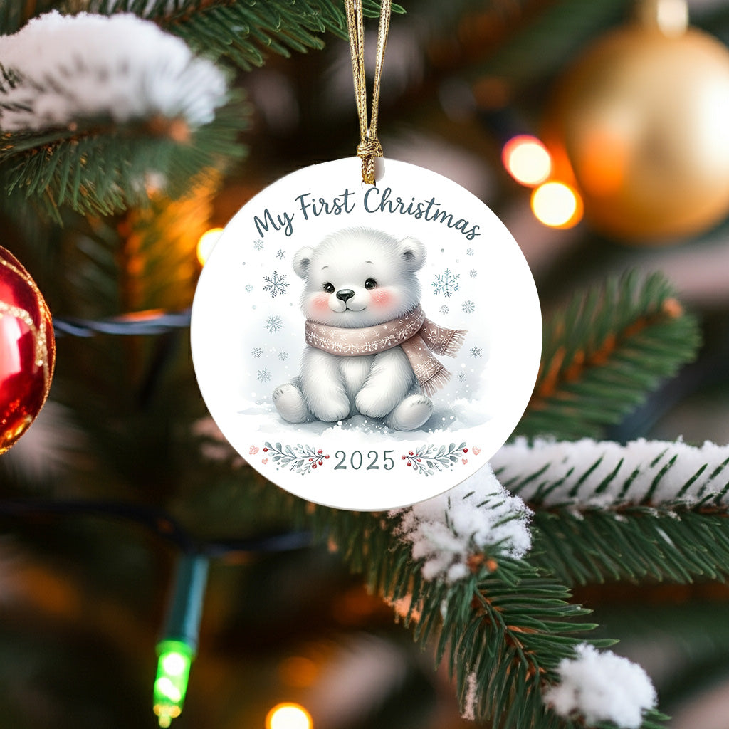 My First Christmas 2025 Bear Ornament – Baby’s First Christmas Keepsake, Cute Newborn Gift, Durable MDF Ornament with Gold Cord - Mallard Moon