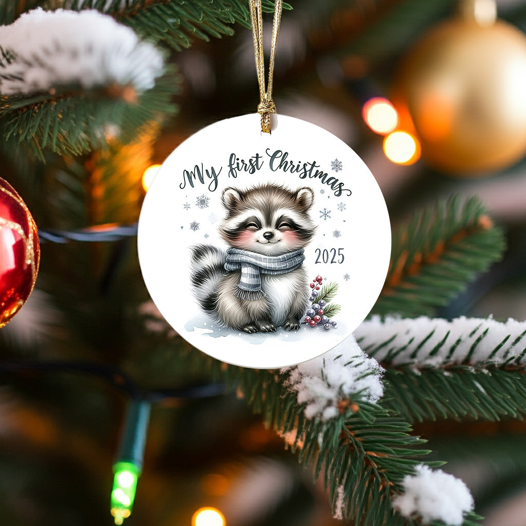 My First Christmas 2025 Raccoon Ornament – Baby’s First Christmas Keepsake, Cute Newborn Gift, Durable MDF Ornament with Gold Cord - Mallard Moon