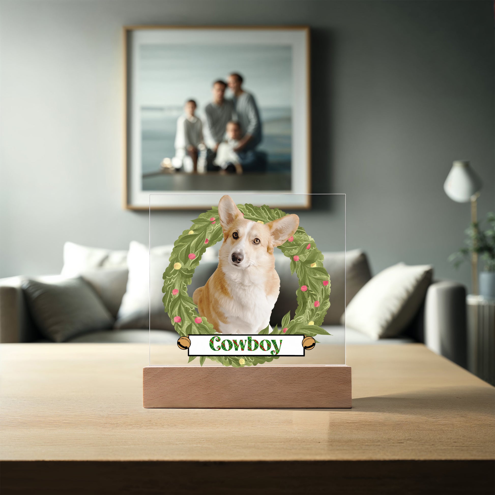 Pet Personalized Holiday Wreath Photo Upload Keepsake Acrylic Plaque with Lighted LED Wooden Base - Mallard Moon Gift Shop