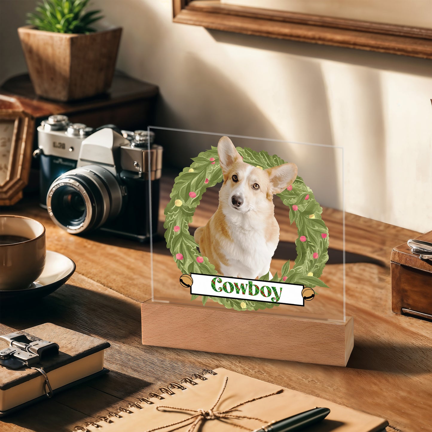 Pet Personalized Holiday Wreath Photo Upload Keepsake Acrylic Plaque with Lighted LED Wooden Base - Mallard Moon Gift Shop