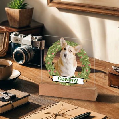 Pet Personalized Holiday Wreath Photo Upload Keepsake Acrylic Plaque with Lighted LED Wooden Base - Mallard Moon Gift Shop