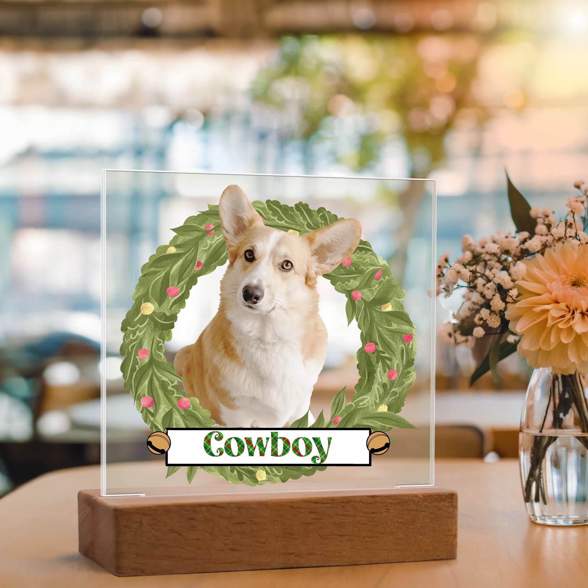 Pet Personalized Holiday Wreath Photo Upload Keepsake Acrylic Plaque with Lighted LED Wooden Base - Mallard Moon Gift Shop