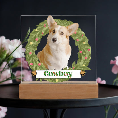 Pet Personalized Holiday Wreath Photo Upload Keepsake Acrylic Plaque with Lighted LED Wooden Base - Mallard Moon Gift Shop