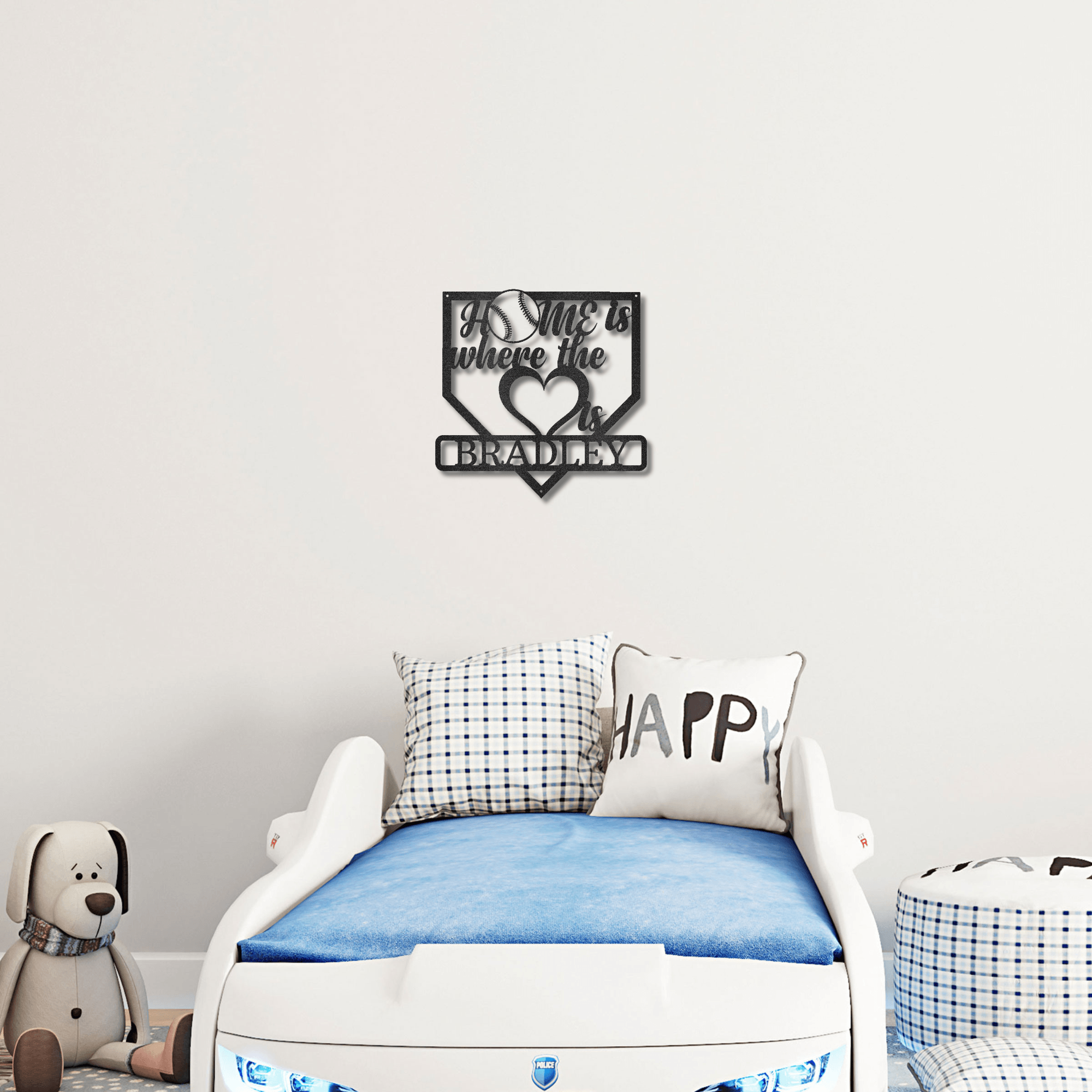 Baseball Home Is Where the Heart Is Custom Name Metal Art Wall Sign - Mallard Moon Gift Shop
