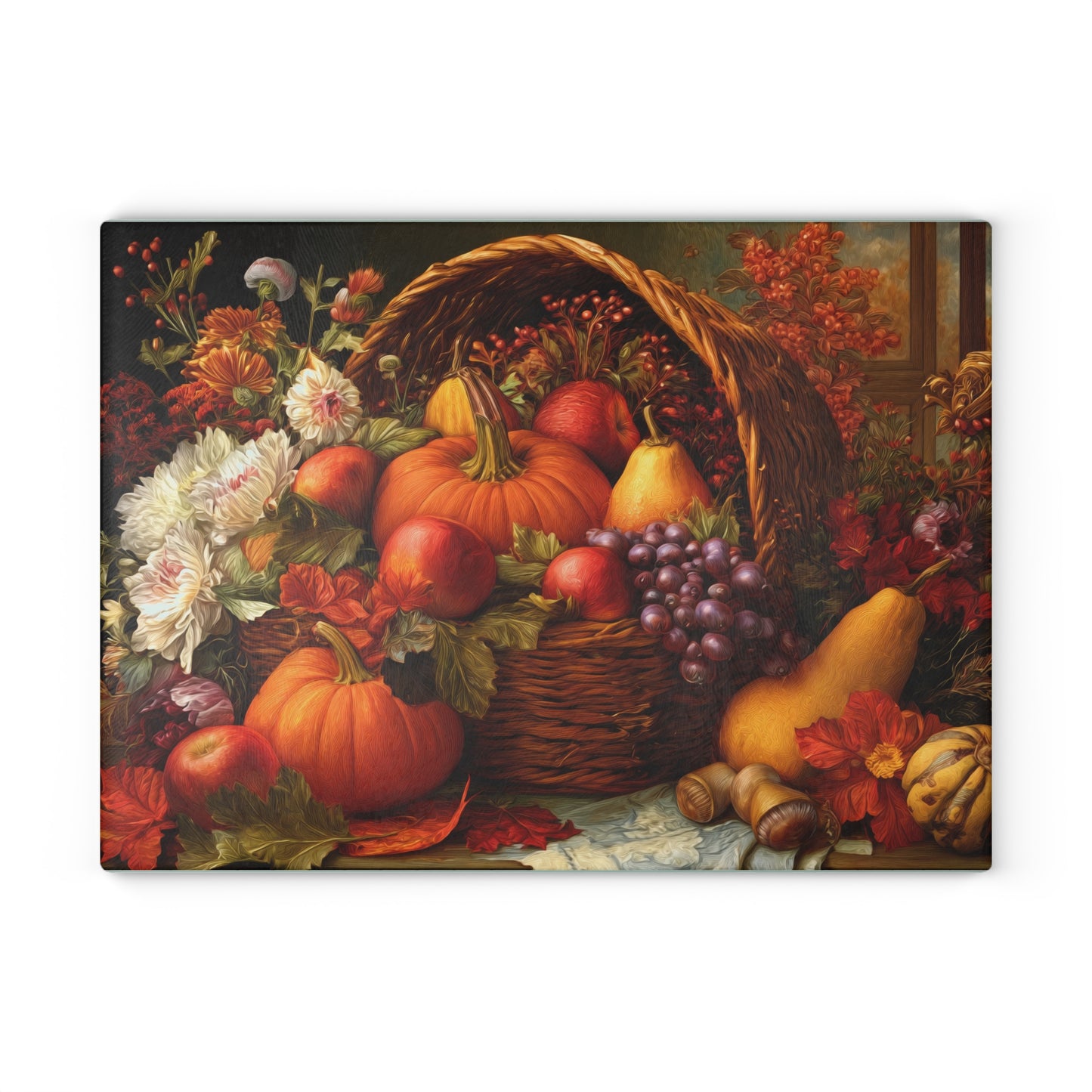 Autumn Harvest Glass Cutting Board — Pumpkin & Fruit Still Life Kitchen Décor