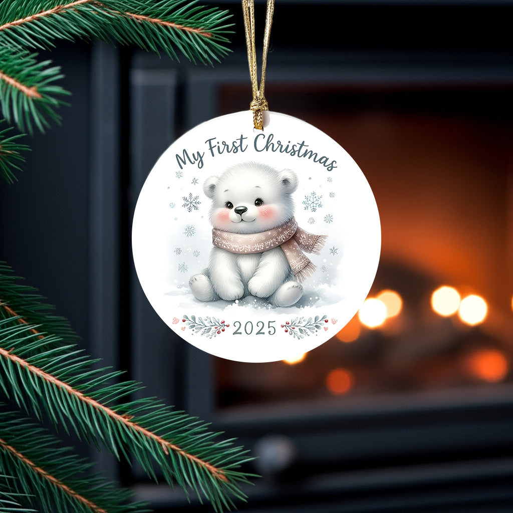 My First Christmas 2025 Bear Ornament – Baby’s First Christmas Keepsake, Cute Newborn Gift, Durable MDF Ornament with Gold Cord - Mallard Moon