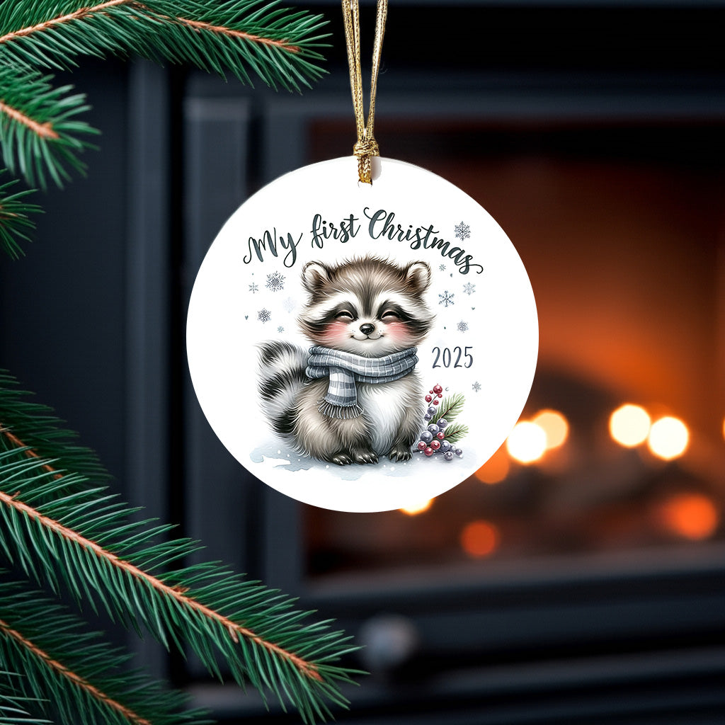 My First Christmas 2025 Raccoon Ornament – Baby’s First Christmas Keepsake, Cute Newborn Gift, Durable MDF Ornament with Gold Cord - Mallard Moon