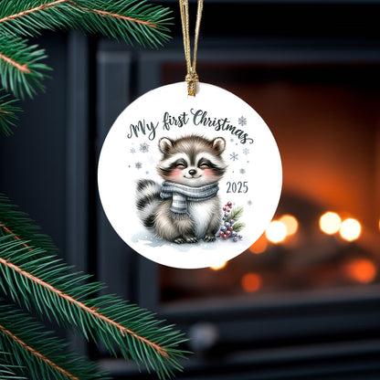 My First Christmas 2025 Raccoon Ornament – Baby’s First Christmas Keepsake, Cute Newborn Gift, Durable MDF Ornament with Gold Cord - Mallard Moon