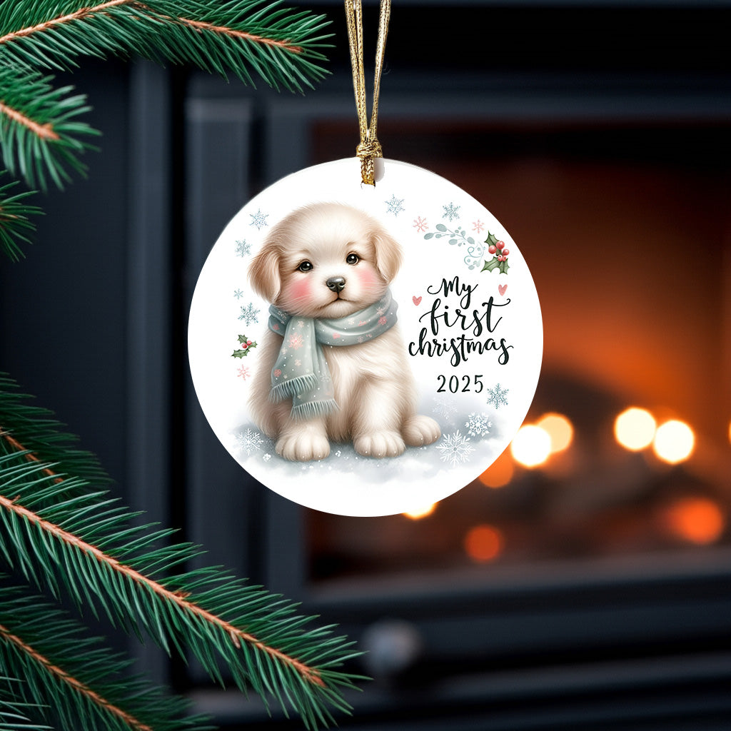 My First Christmas 2025 Puppy Ornament – Baby’s First Christmas Keepsake, Cute Newborn Gift, Durable MDF Ornament with Gold Cord - Mallard Moon