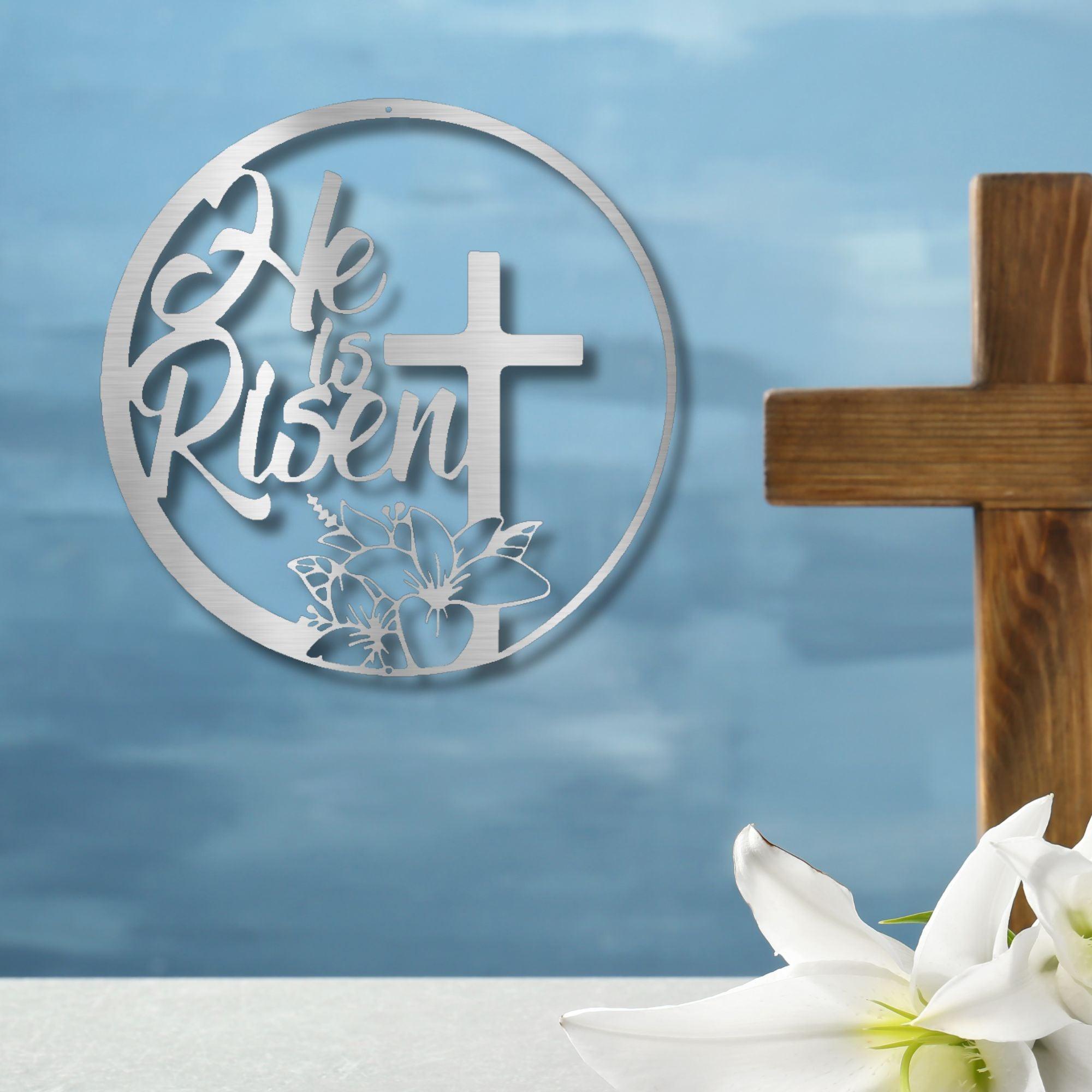 He Is Risen Easter Cross Metal Wall Sign – Christian Home Decor – 5 Sizes & 5 Colors – Religious Spring Decoration – Made in the USA – Easter Faith Gift for Home or Church - Mallard Moon Gift Shop