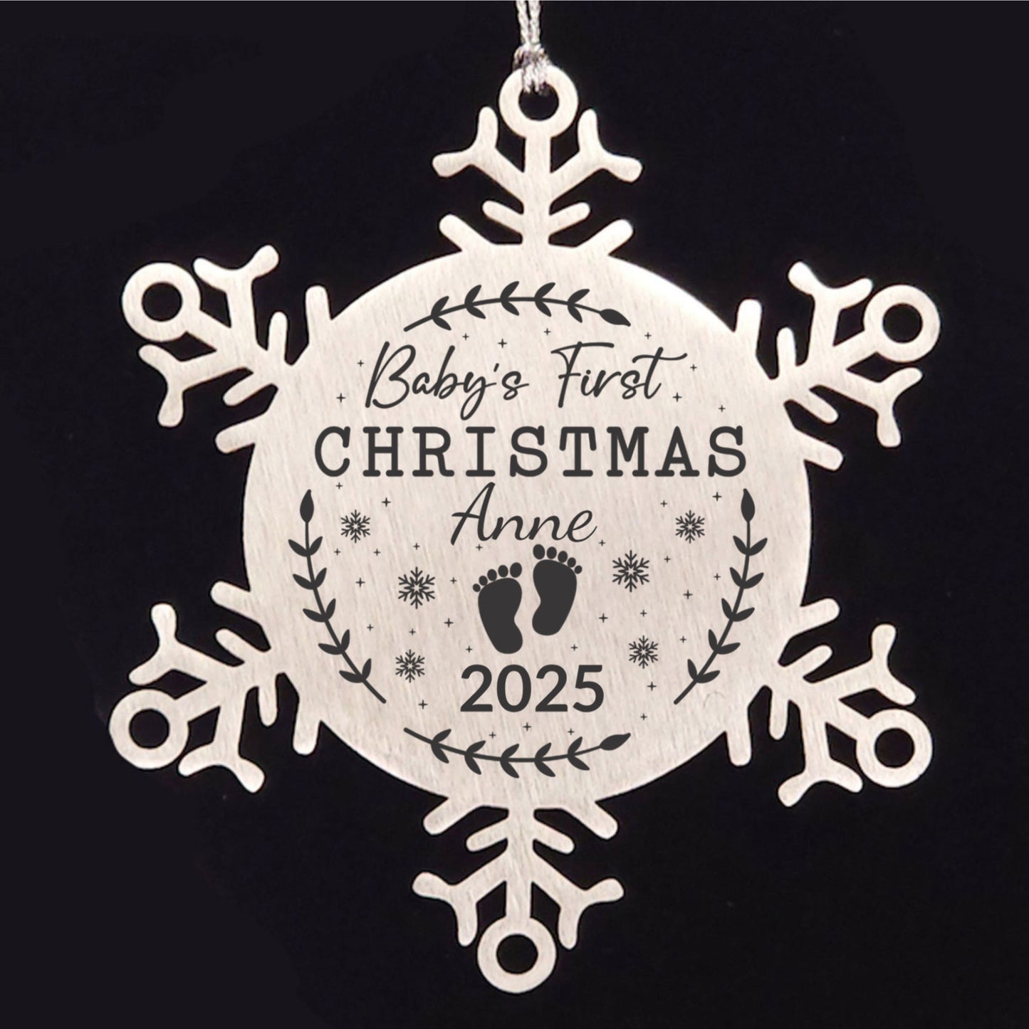Baby's First Christmas Personalized Laser Engraved Stainless Steel Snowflake Christmas Tree Ornament - Mallard Moon